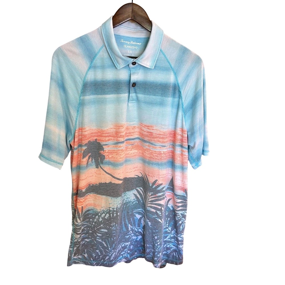 Tommy Bahama IslandZone Mens Large Blue Coral Tropical Sunset Polo ST226848